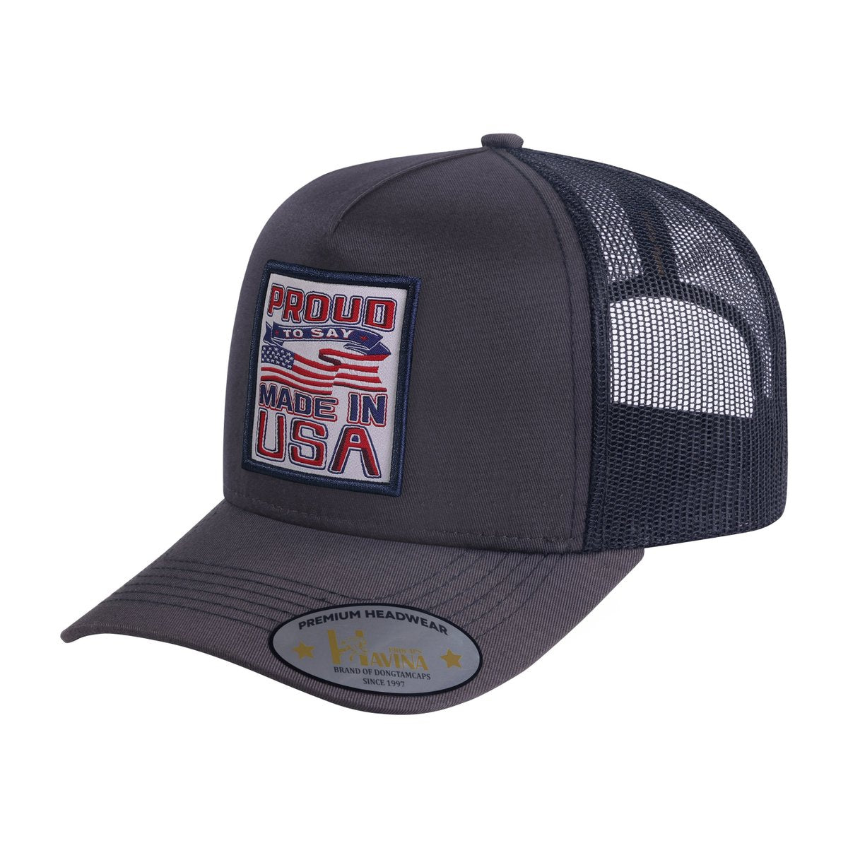 Embroidered Proud To Say Made In US - 5 Panel Trucker Hat - Dark Grey/Black