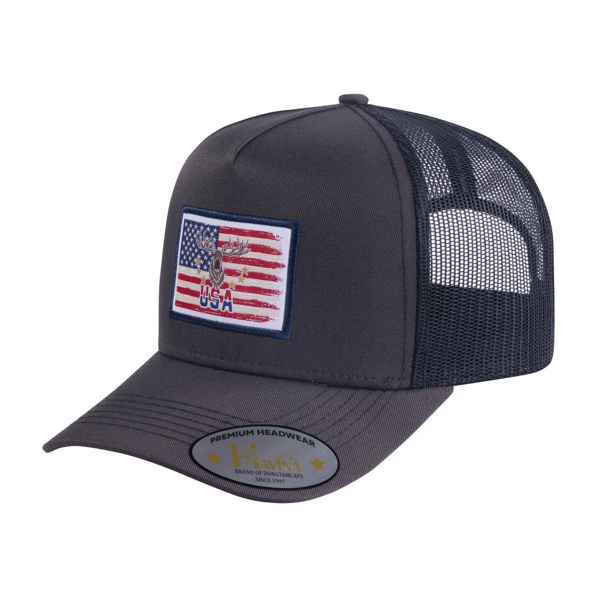 Embroidered US Deer Hunter - 5 Panel Trucker Hat - Dark Grey/Black