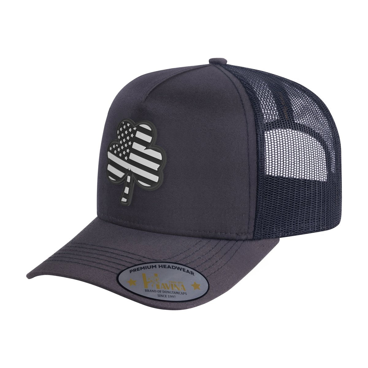 Embroidered St. Patrick'S Day Four Leaf Shamrock - 5 Panel Trucker Hat - Dark Grey/Black