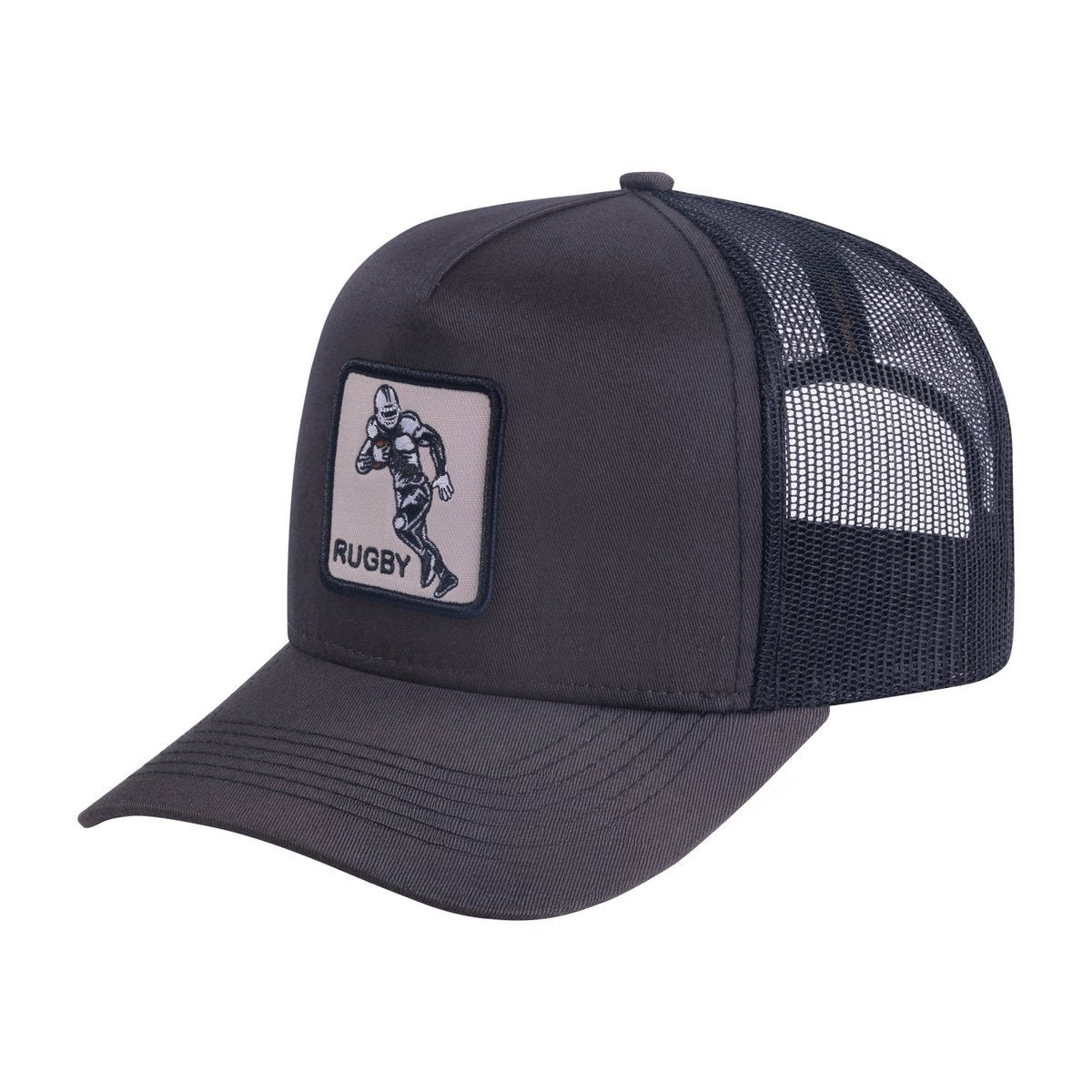 Unisex Embroidered Rugby/Football, 6-Panel Trucker Hat, Dark Grey/Black, Adjustable Fit