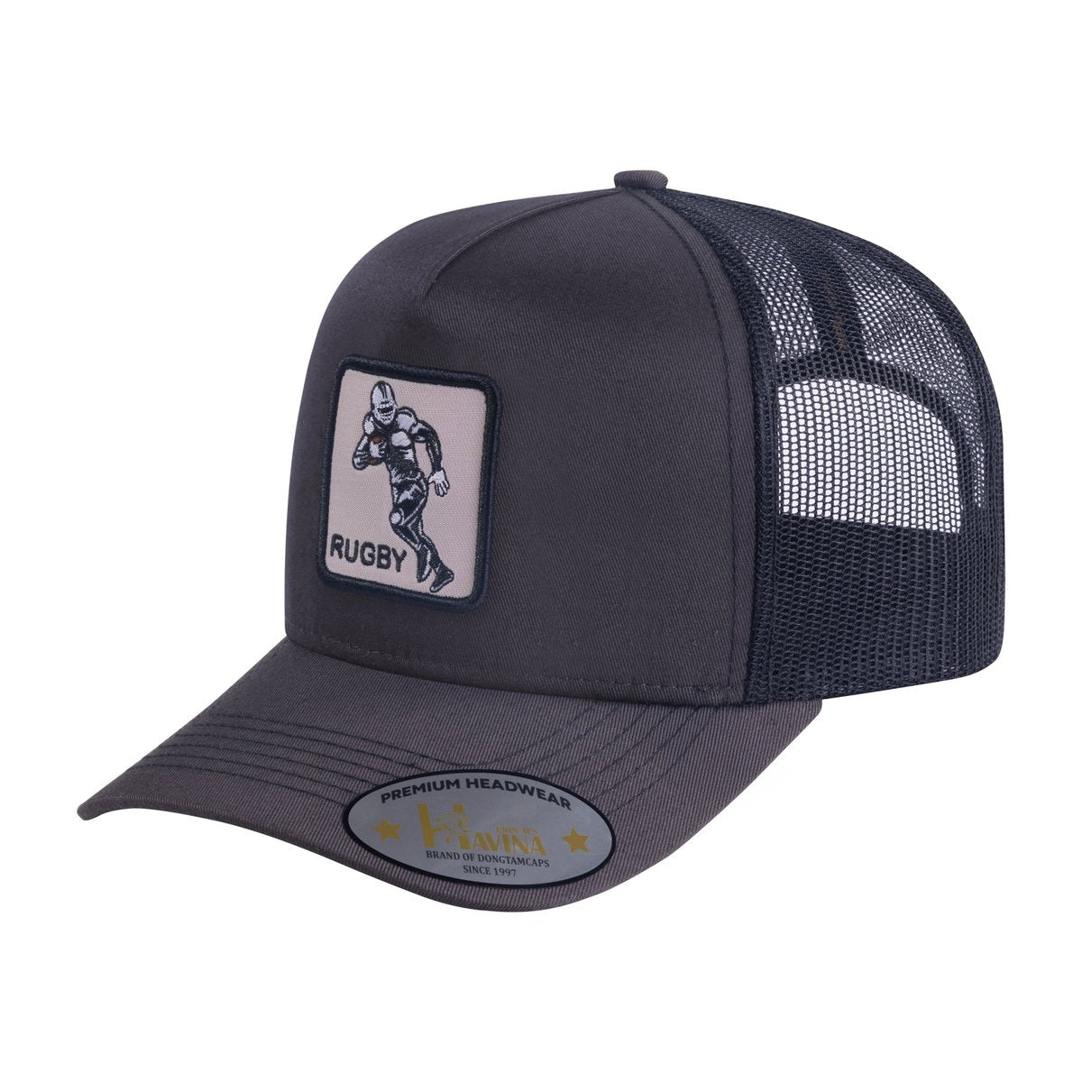 Unisex Embroidered Rugby/Football, 6-Panel Trucker Hat, Dark Grey/Black, Adjustable Fit