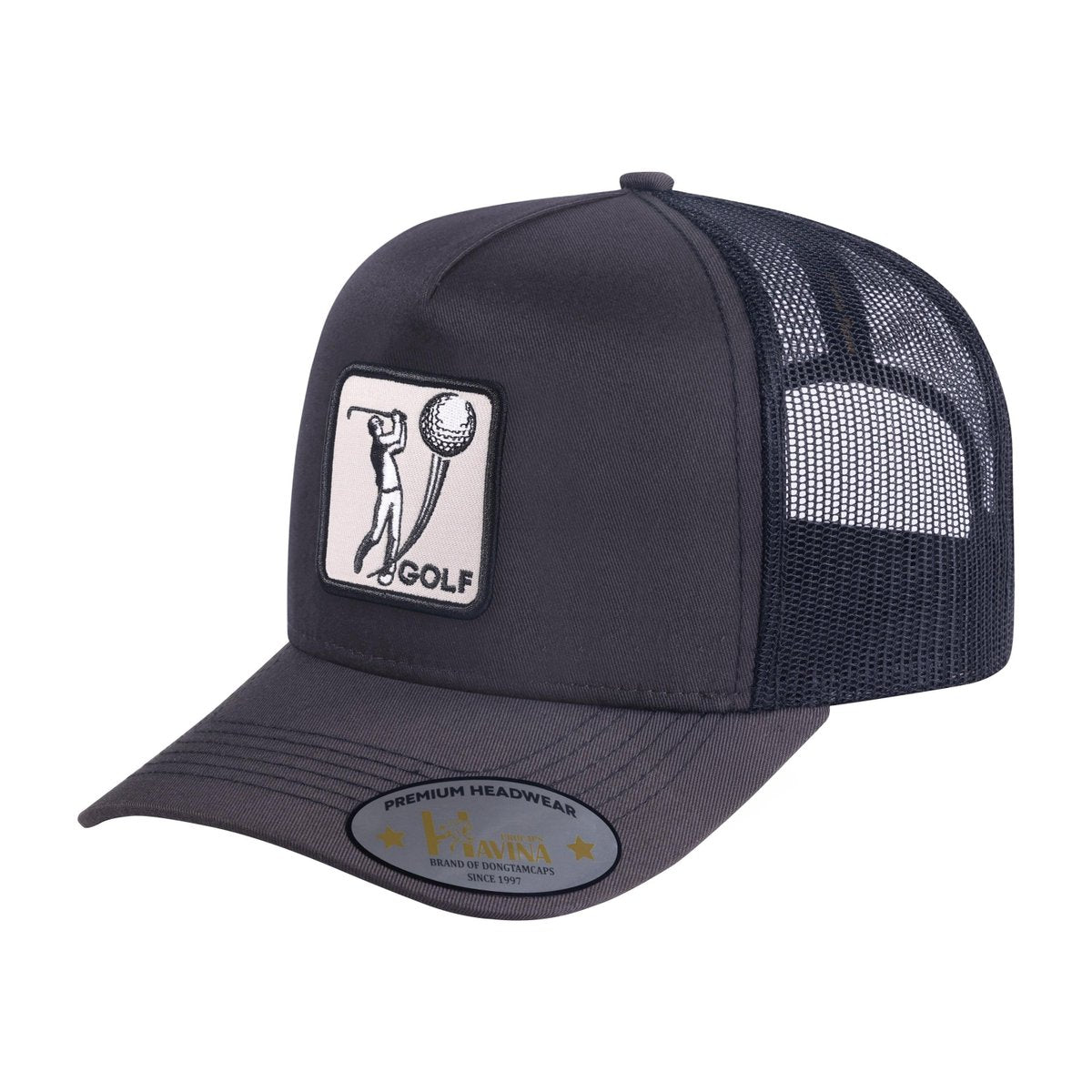 Embroidered Golf - 5 Panel Trucker Hat - Dark Grey/Black