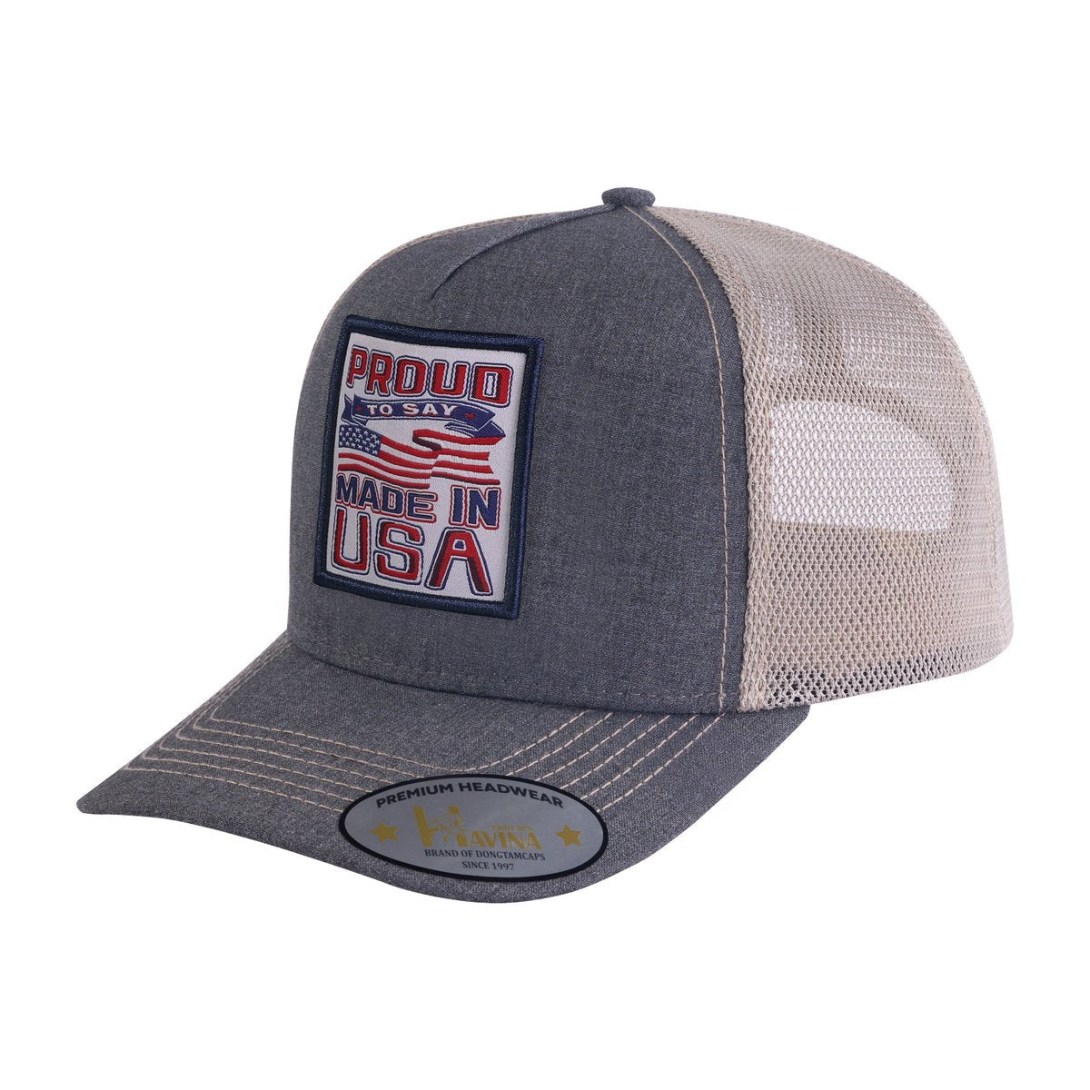 Embroidered Proud To Say Made In US - 5 Panel Trucker Hat - Dark Grey/Khaki