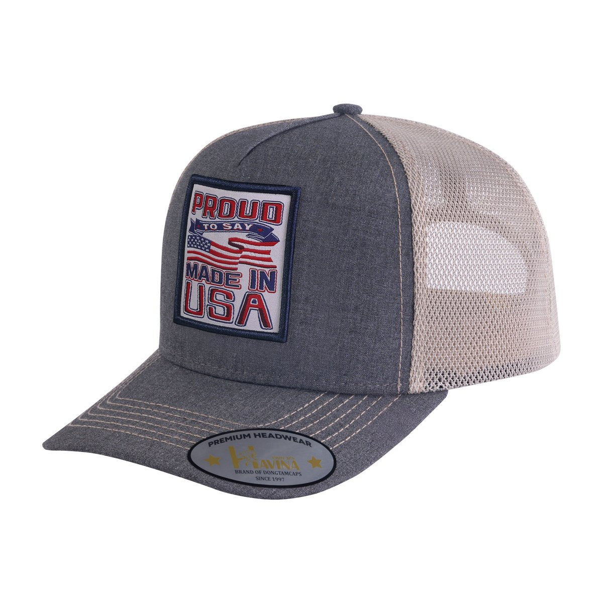 Embroidered Proud To Say Made In Usa - 5 Panel Trucker Hat - Dark Grey/Khaki