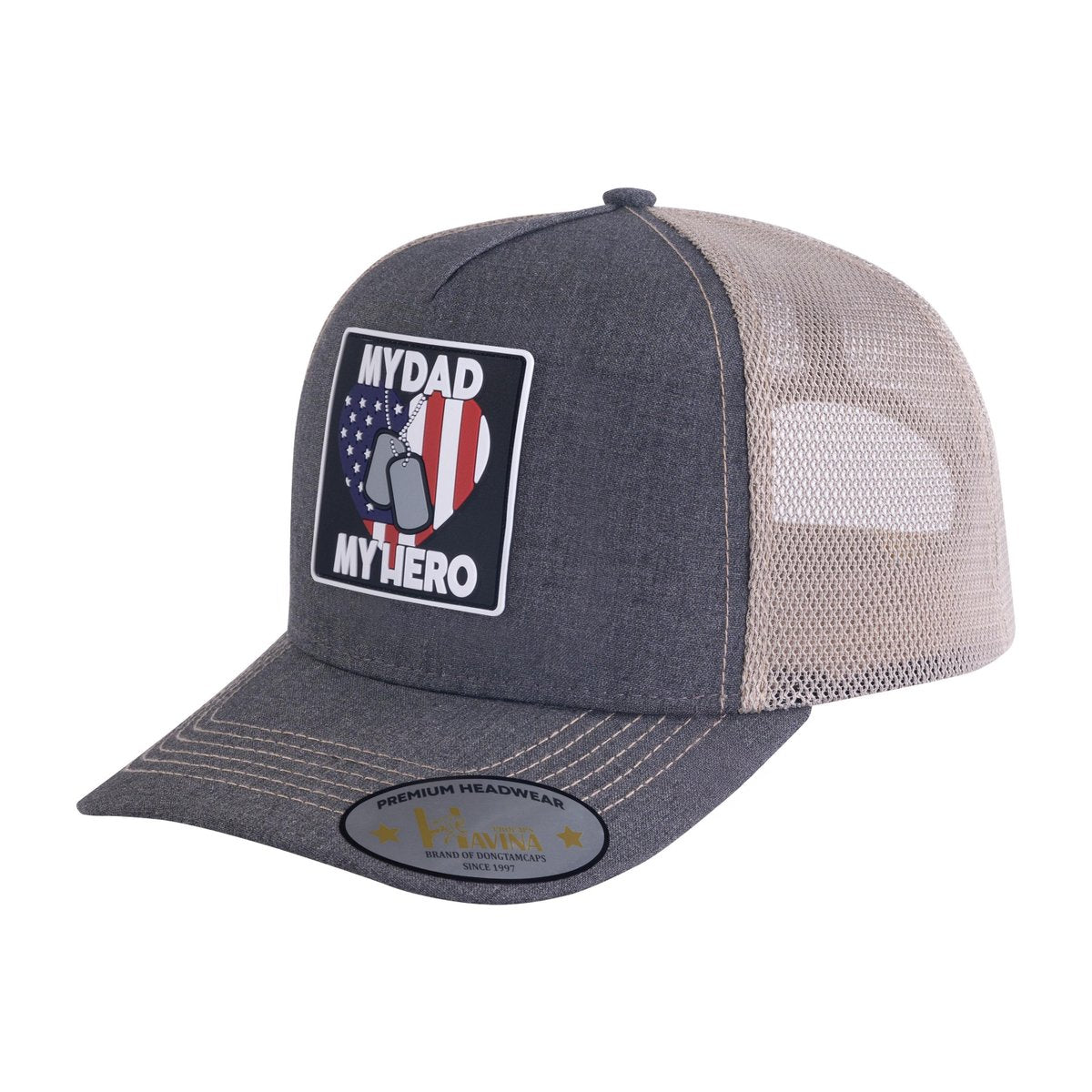 Embroidered My Dad My Hero - 5 Panel Trucker Hat - Dark Grey/Khaki