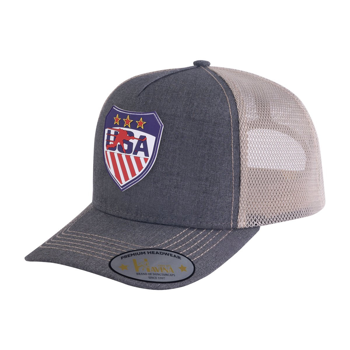 Embroidered Loving Hockey - 5 Panel Trucker Hat - Dark Grey/Khaki