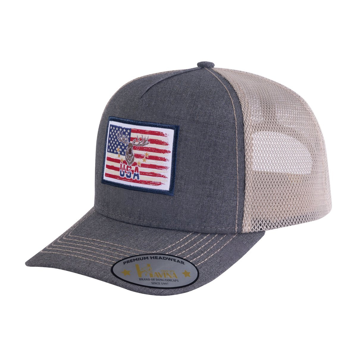 Embroidered Usa Deer Hunter - 5 Panel Trucker Hat - Dark Grey/Khaki