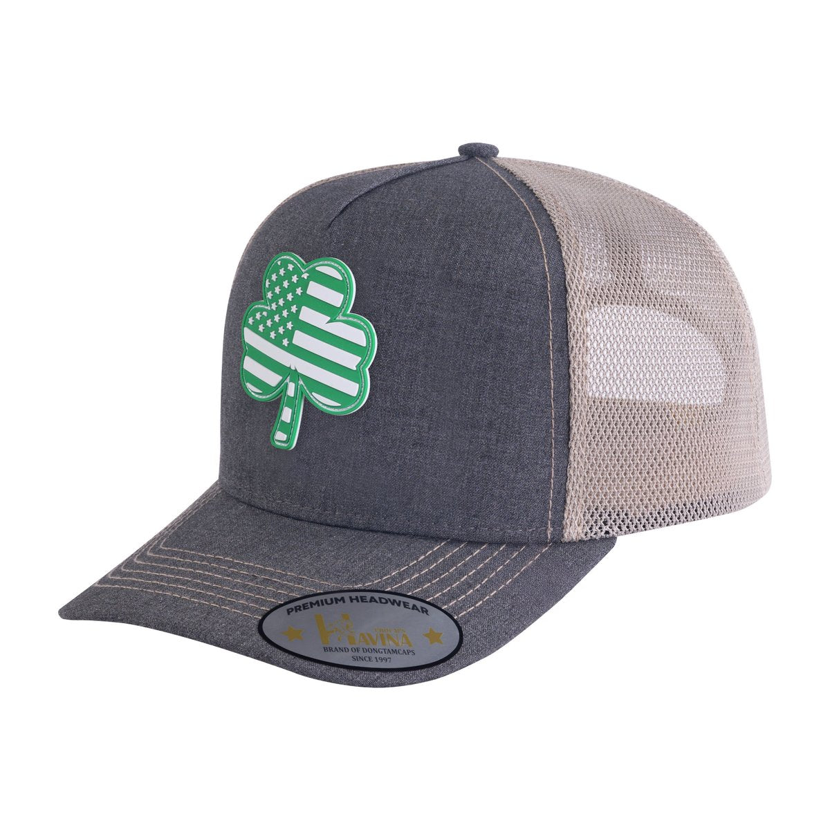 Embroidered St. Patrick'S Day Four Leaf Shamrock - 5 Panel Trucker Hat - Dark Grey/Khaki