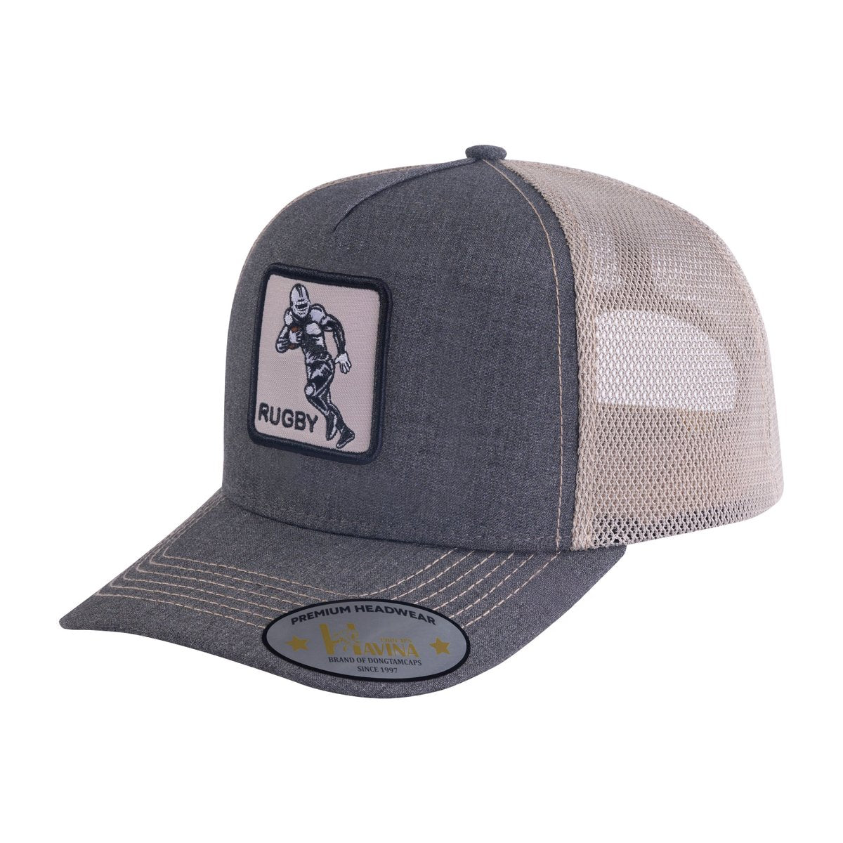 Embroidered Rugby/Football - 5 Panel Trucker Hat - Dark Grey/Khaki