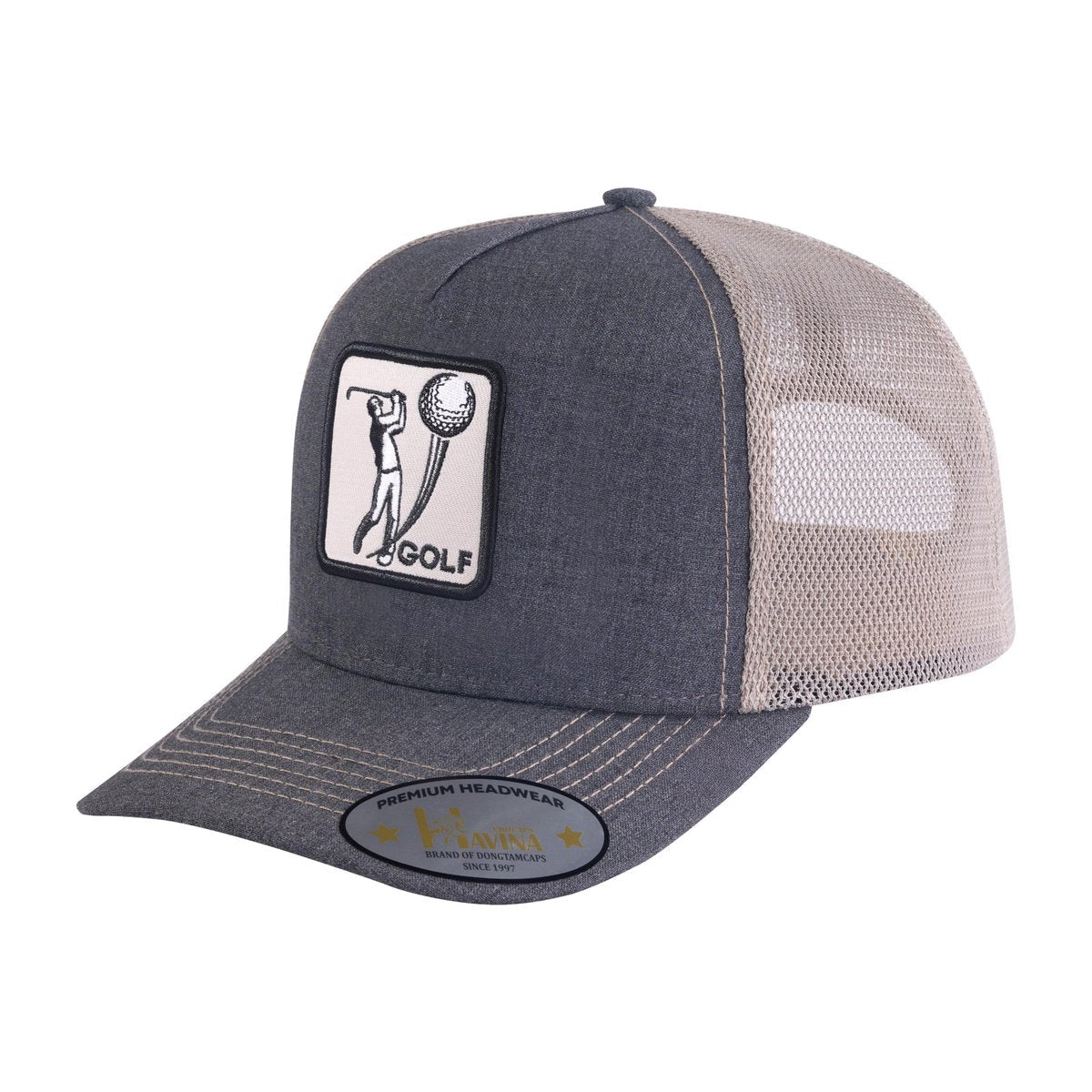 Embroidered Golf - 5 Panel Trucker Hat - Dark Grey/Khaki