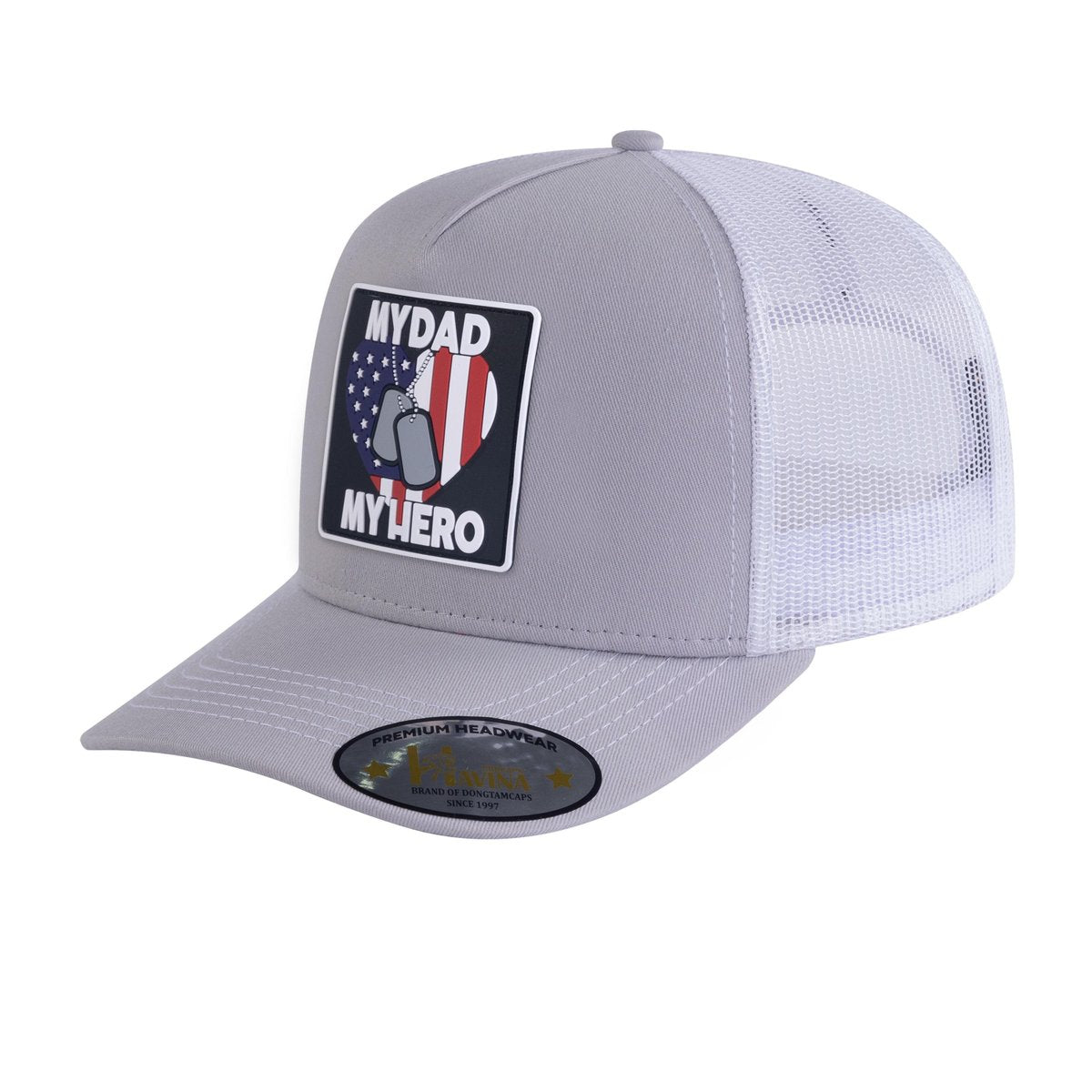 Embroidered My Dad My Hero - 5 Panel Trucker Hat - Light Grey/White