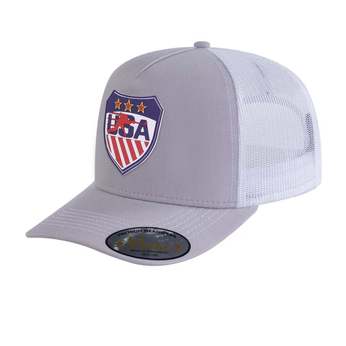 Embroidered Loving Hockey - 5 Panel Trucker Hat - Light Grey/White