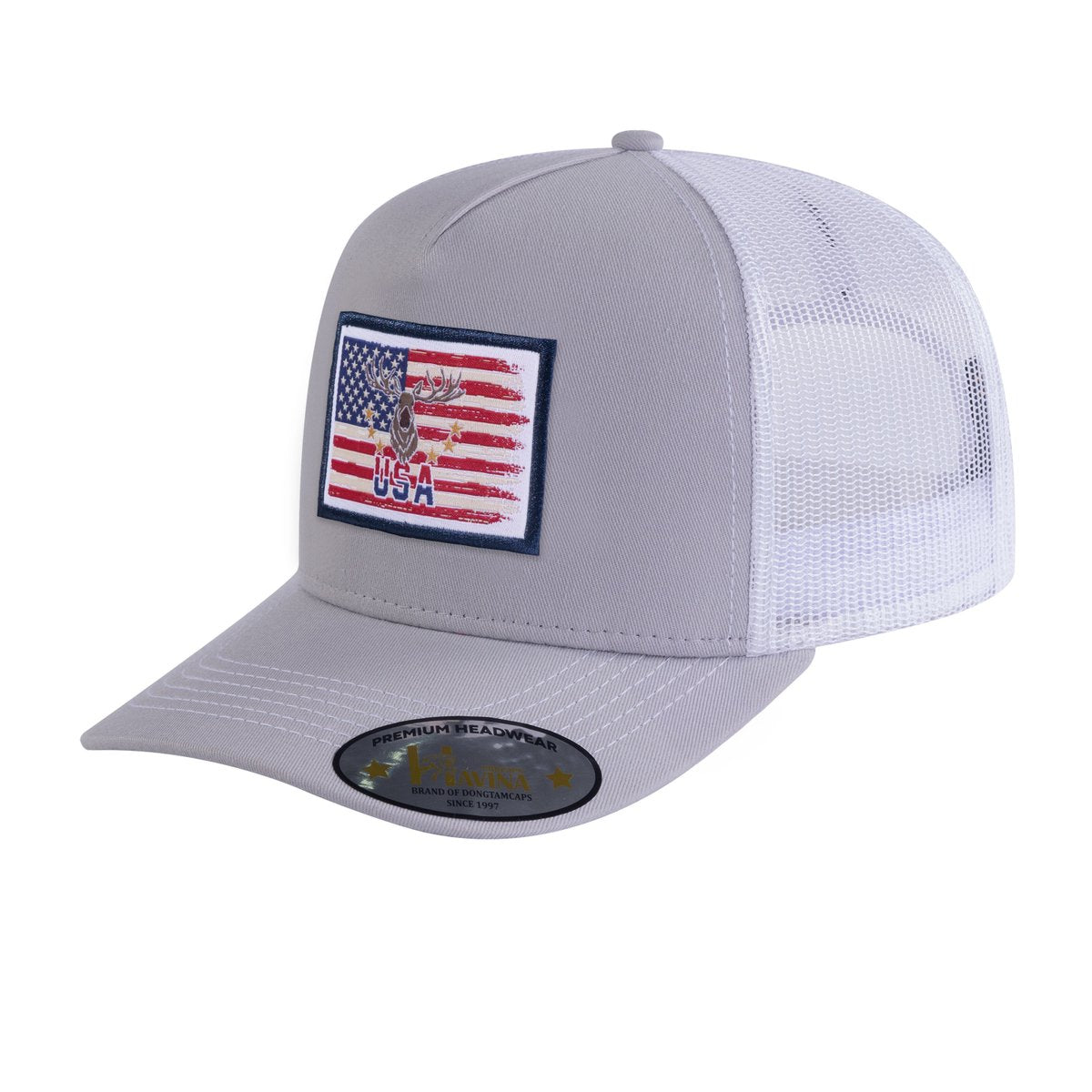 Embroidered Usa Deer Hunter - 5 Panel Trucker Hat - Light Grey/White