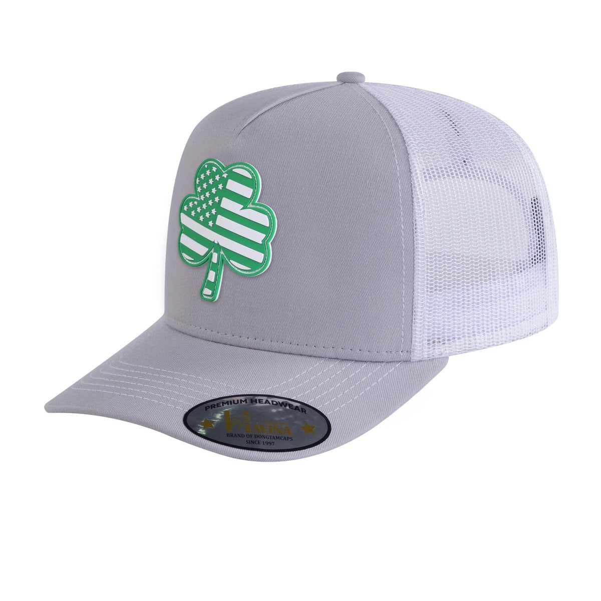 Embroidered St. Patrick'S Day Four Leaf Shamrock - 5 Panel Trucker Hat - Light Grey/White