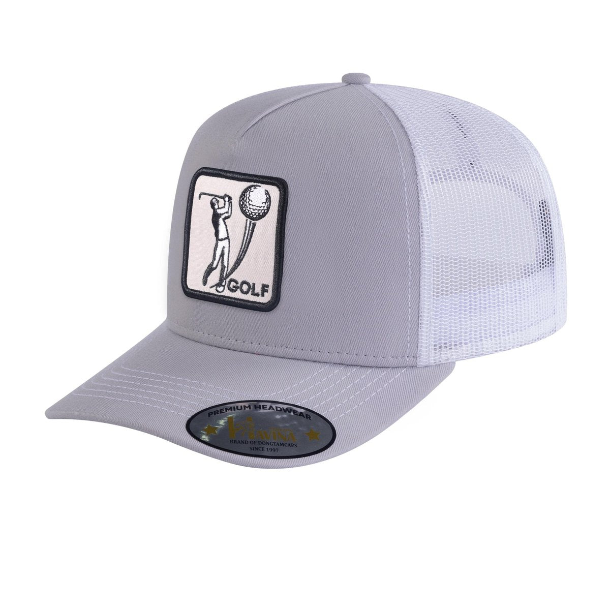 Embroidered Golf - 5 Panel Trucker Hat - Light Grey/White