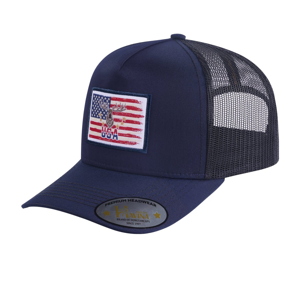 Embroidered Usa Deer Hunter - 5 Panel Trucker Hat - Navy/Black