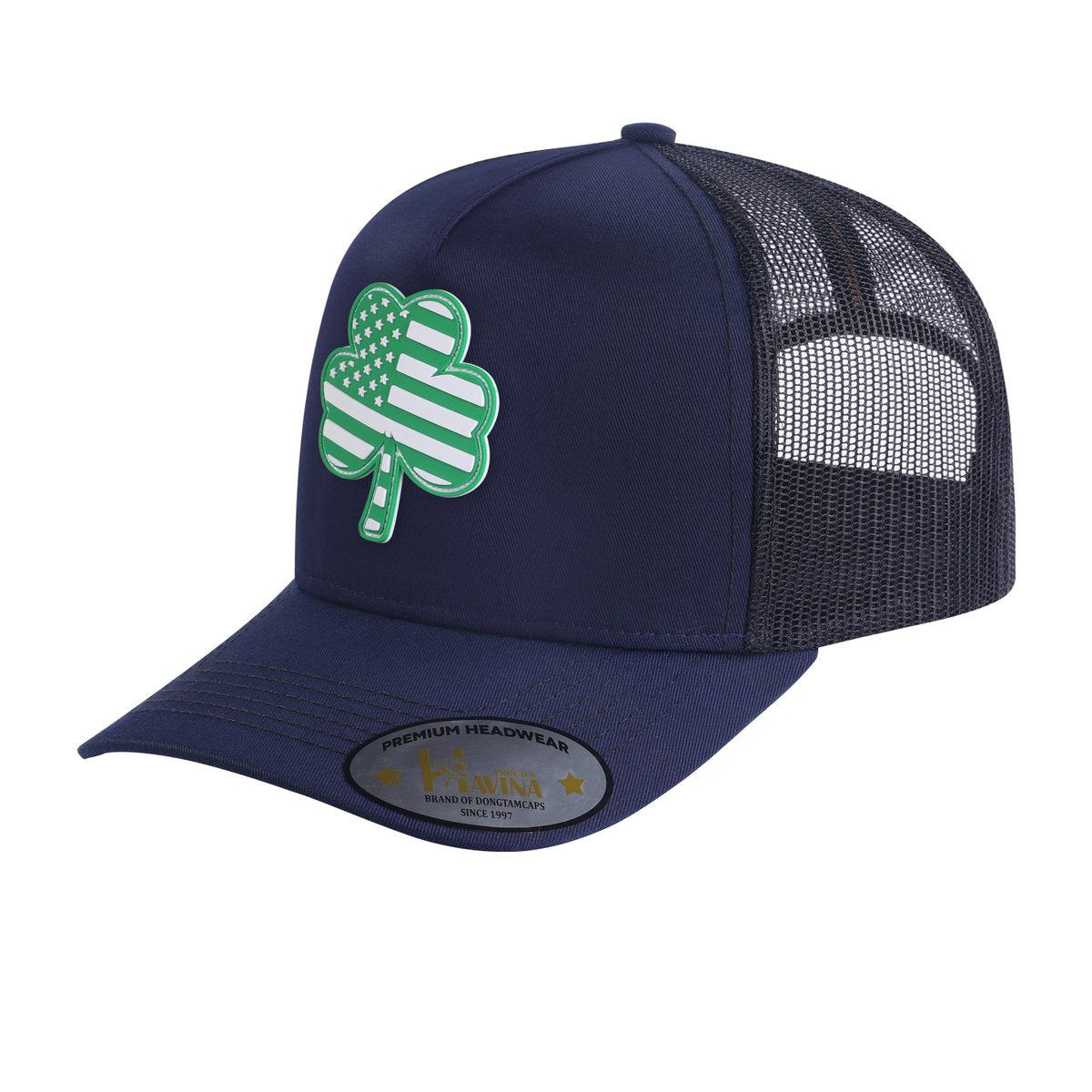Embroidered St. Patrick'S Day Four Leaf Shamrock - 5 Panel Trucker Hat - Navy/Black