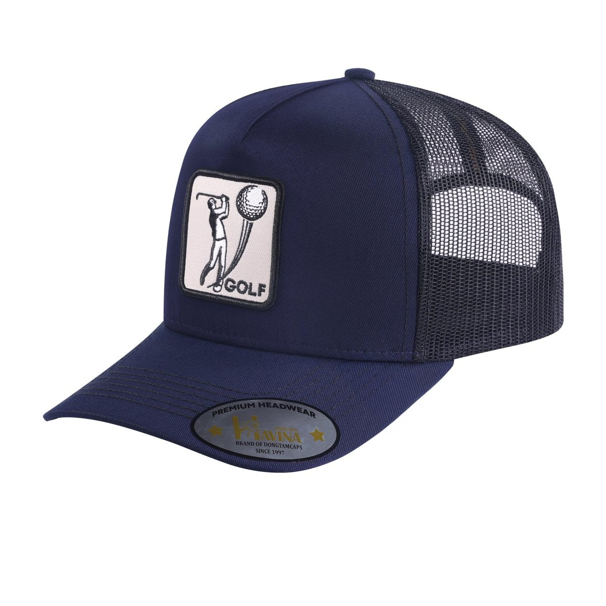 Embroidered Golf - 5 Panel Trucker Hat - Navy/Black