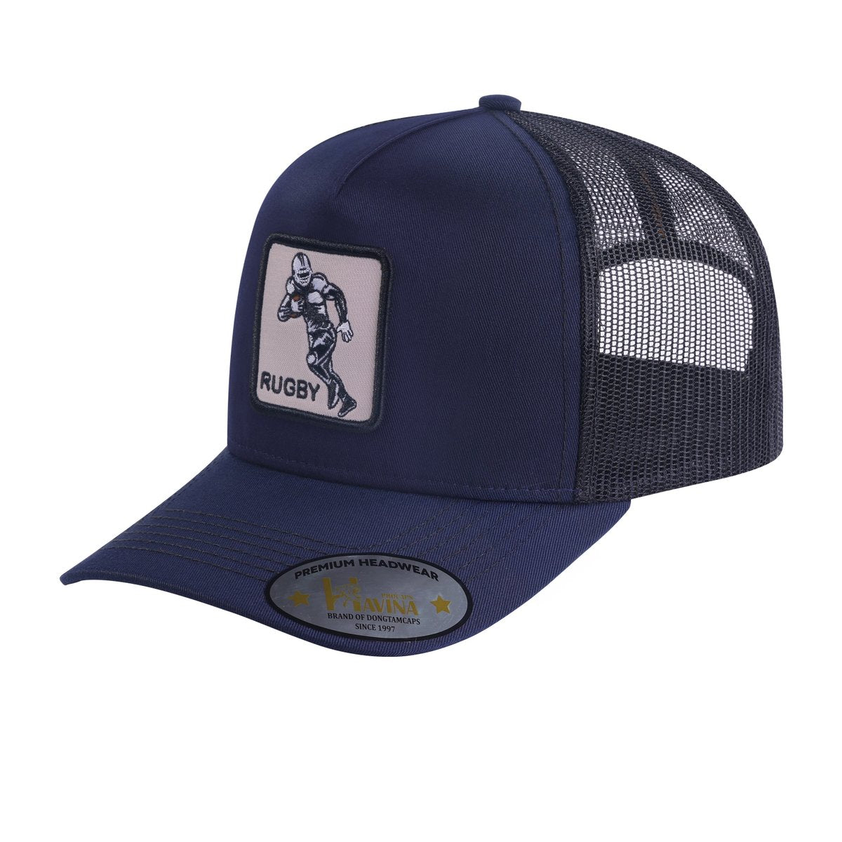 Embroidered Rugby/Football - 5 Panel Trucker Hat - Navy/Black