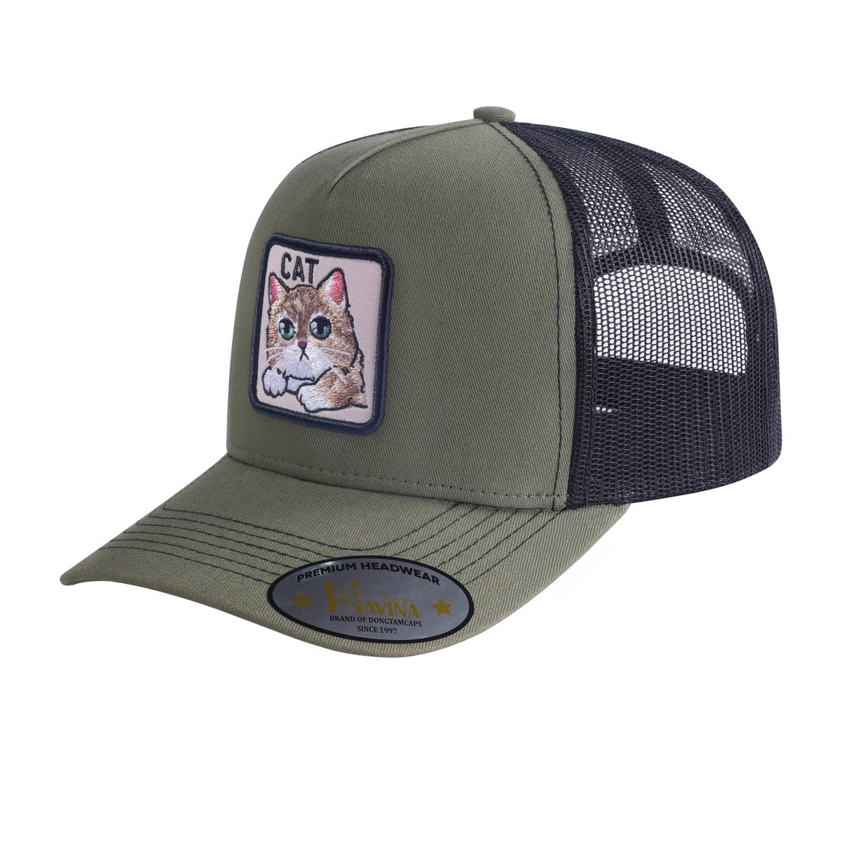 Unisex Embroidered The Cat, 5-Panel Trucker Hat, Olive Green/Black, Adjustable Fit