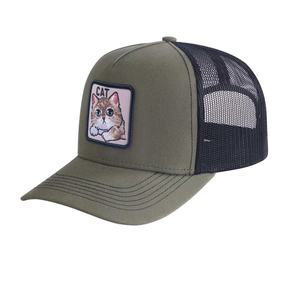 Unisex Embroidered The Cat, 5-Panel Trucker Hat, Olive Green/Black, Adjustable Fit