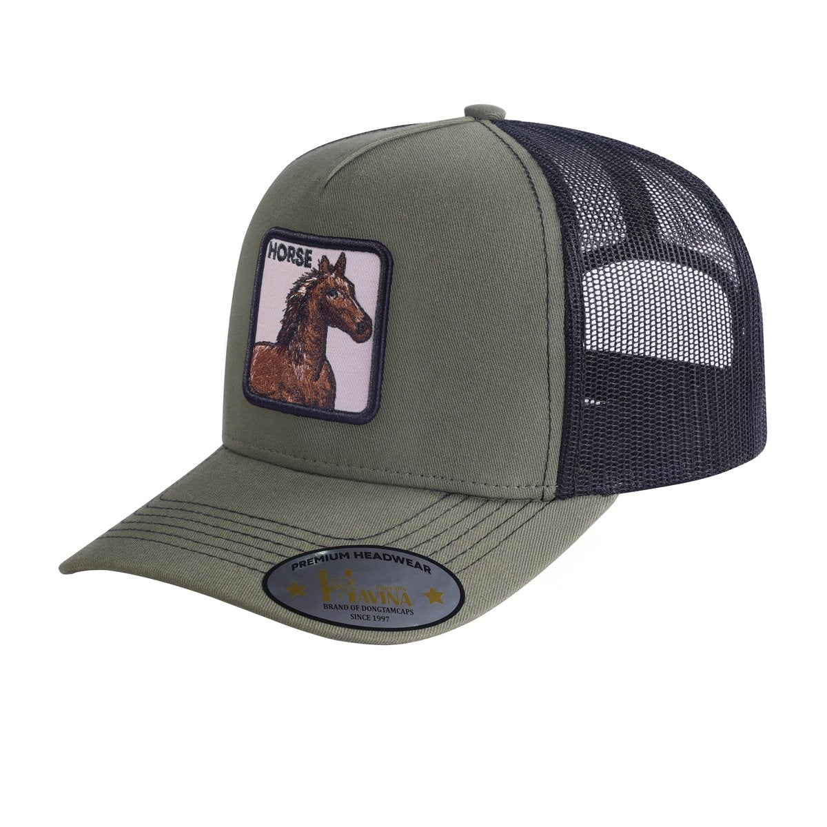 Unisex Embroidered The Horse, 5-Panel Trucker Hat, Olive Green/Black, Adjustable Fit