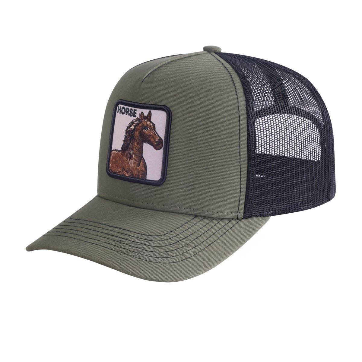 Unisex Embroidered The Horse, 5-Panel Trucker Hat, Olive Green/Black, Adjustable Fit