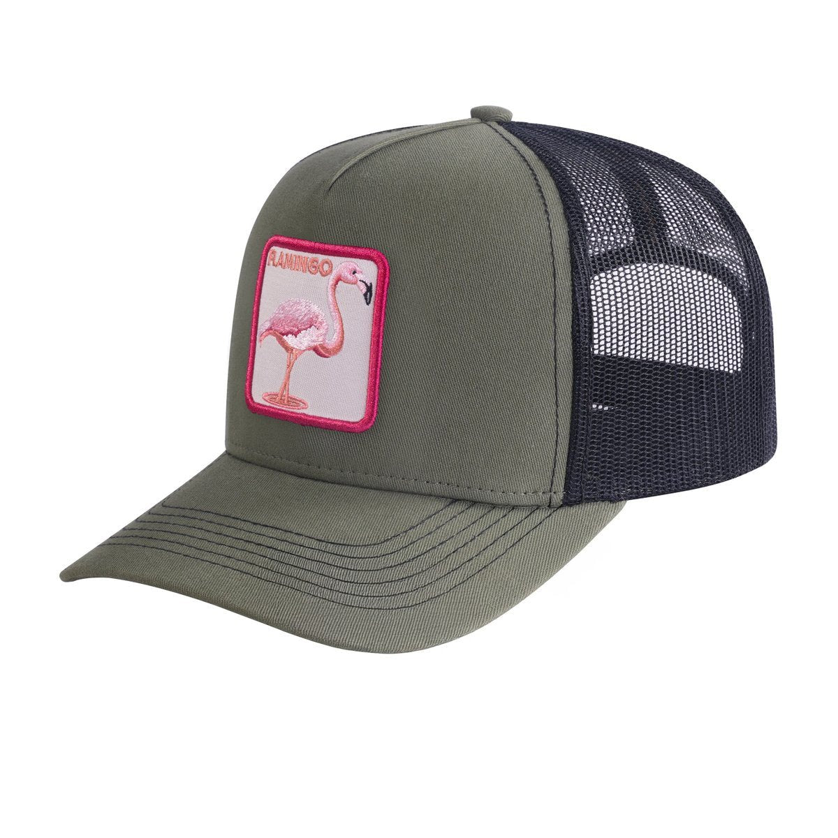 Unisex Embroidered The Flamingo, 5-Panel Trucker Hat, Olive Green/Black, Adjustable Fit