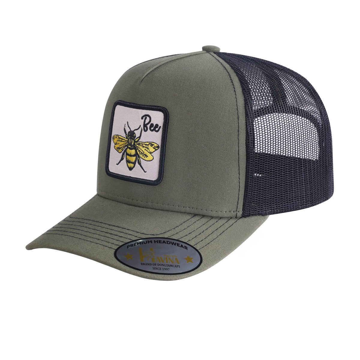 Unisex Embroidered The Bee, 5-Panel Trucker Hat, Olive Green/Black, Adjustable Fit