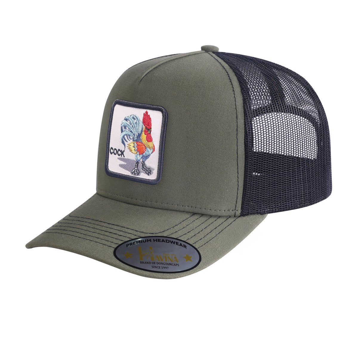 Unisex Embroidered The Cock, 5-Panel Trucker Hat, Olive Green/Black, Adjustable Fit