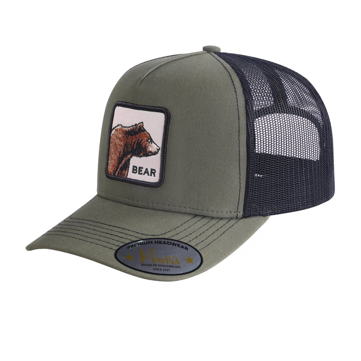 Unisex Embroidered The Bear, 5-Panel Trucker Hat, Olive Green/Black, Adjustable Fit