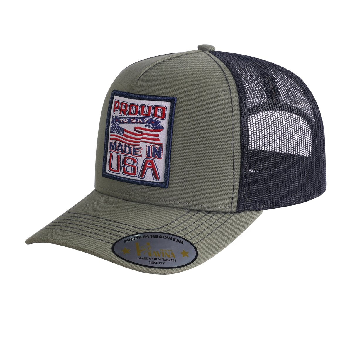 Unisex Embroidered Proud To Say Made In Usa, 5-Panel Trucker Hat, Olive Green/Black, Adjustable Fit