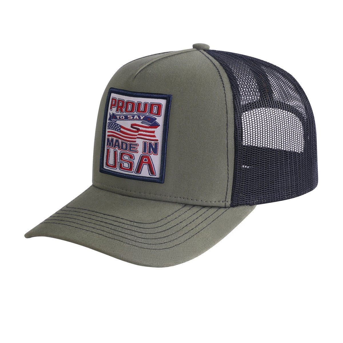 Unisex Embroidered Proud To Say Made In Usa, 5-Panel Trucker Hat, Olive Green/Black, Adjustable Fit