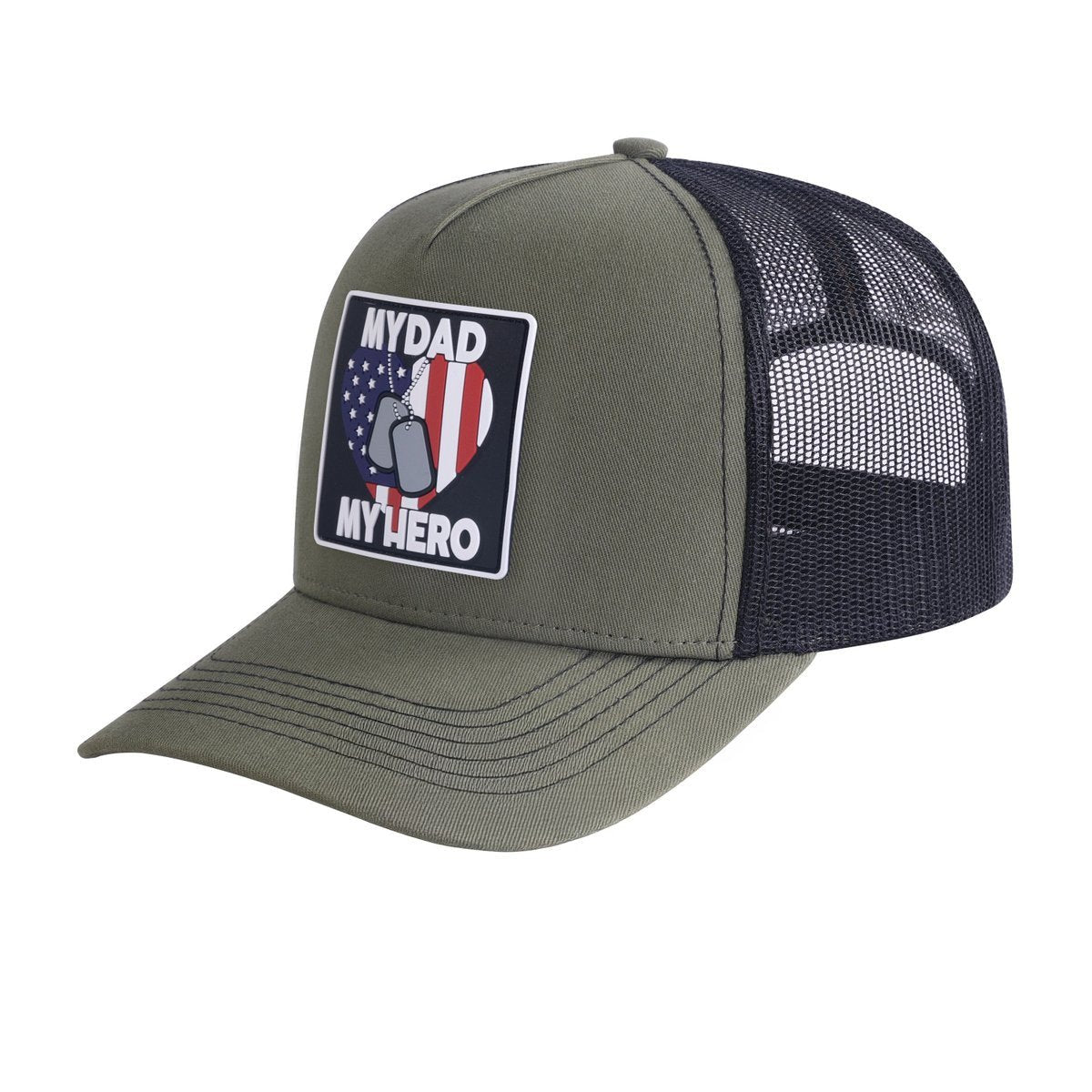 Unisex Embroidered My Dad My Hero, 5-Panel Trucker Hat, Olive Green/Black, Adjustable Fit