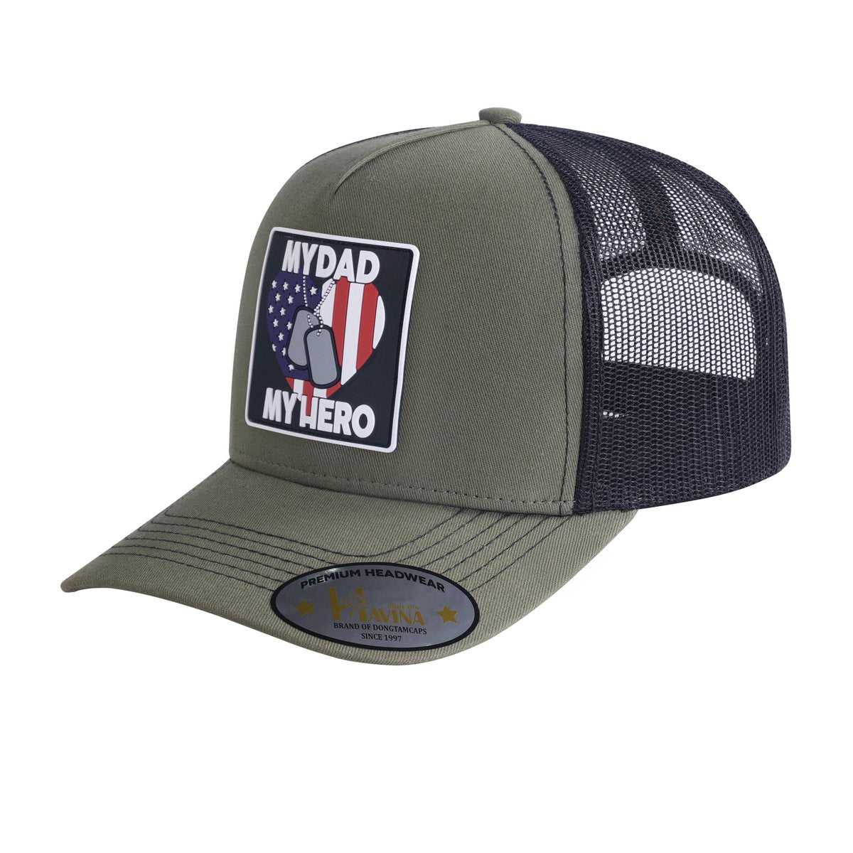 Embroidered My Dad My Hero - 5 Panel Trucker Hat - Olive Green/Black