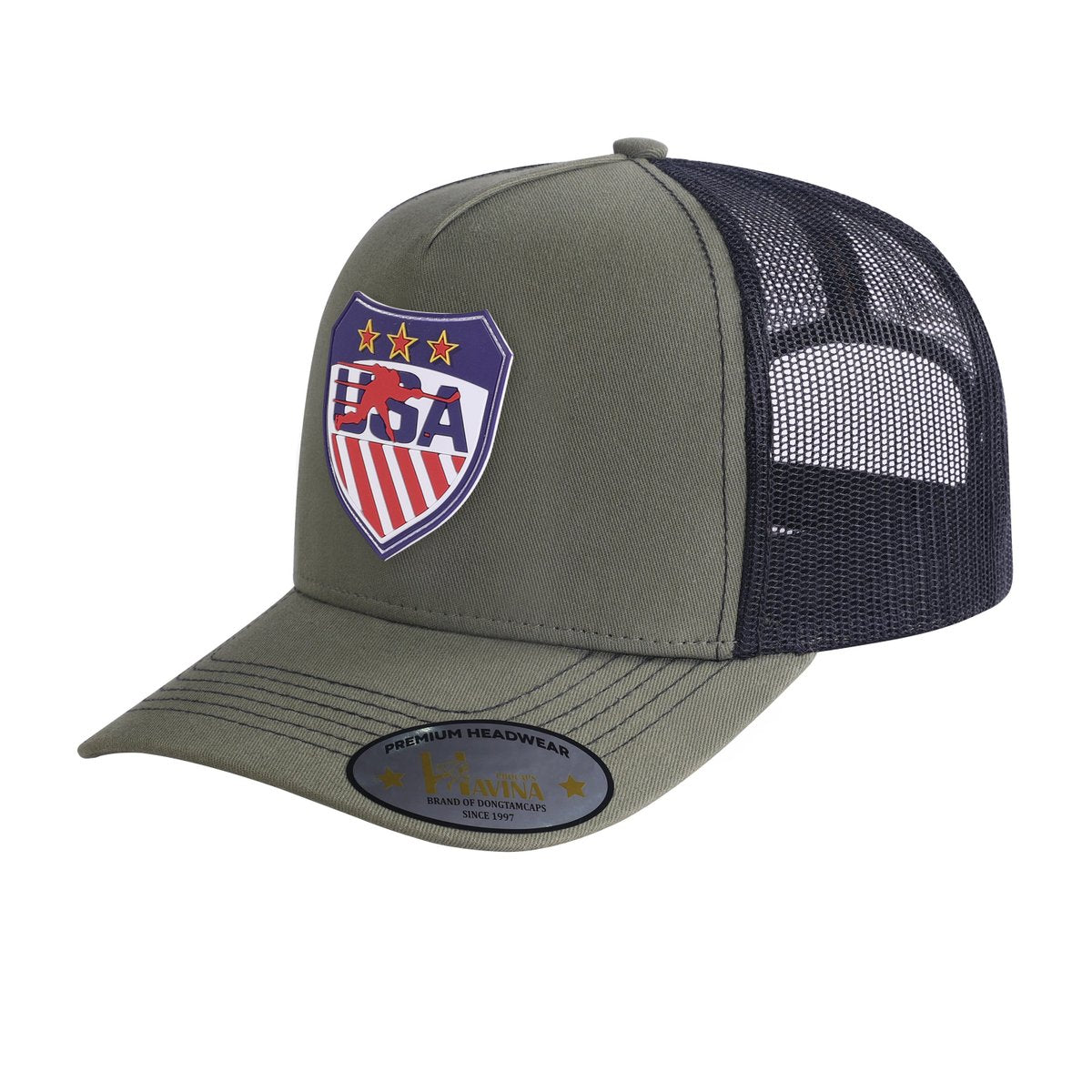 Embroidered Loving Hockey - 5 Panel Trucker Hat - Olive Green/Black