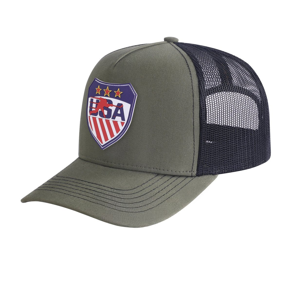 Unisex Embroidered Loving Hockey, 5-Panel Trucker Hat, Olive Green/Black, Adjustable Fit
