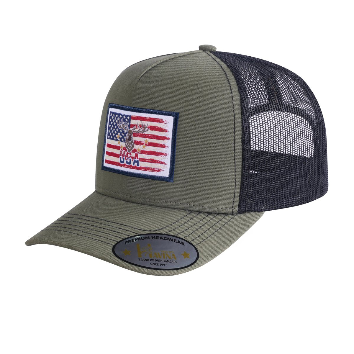 Embroidered US Deer Hunter - 5 Panel Trucker Hat - Olive Green/Black