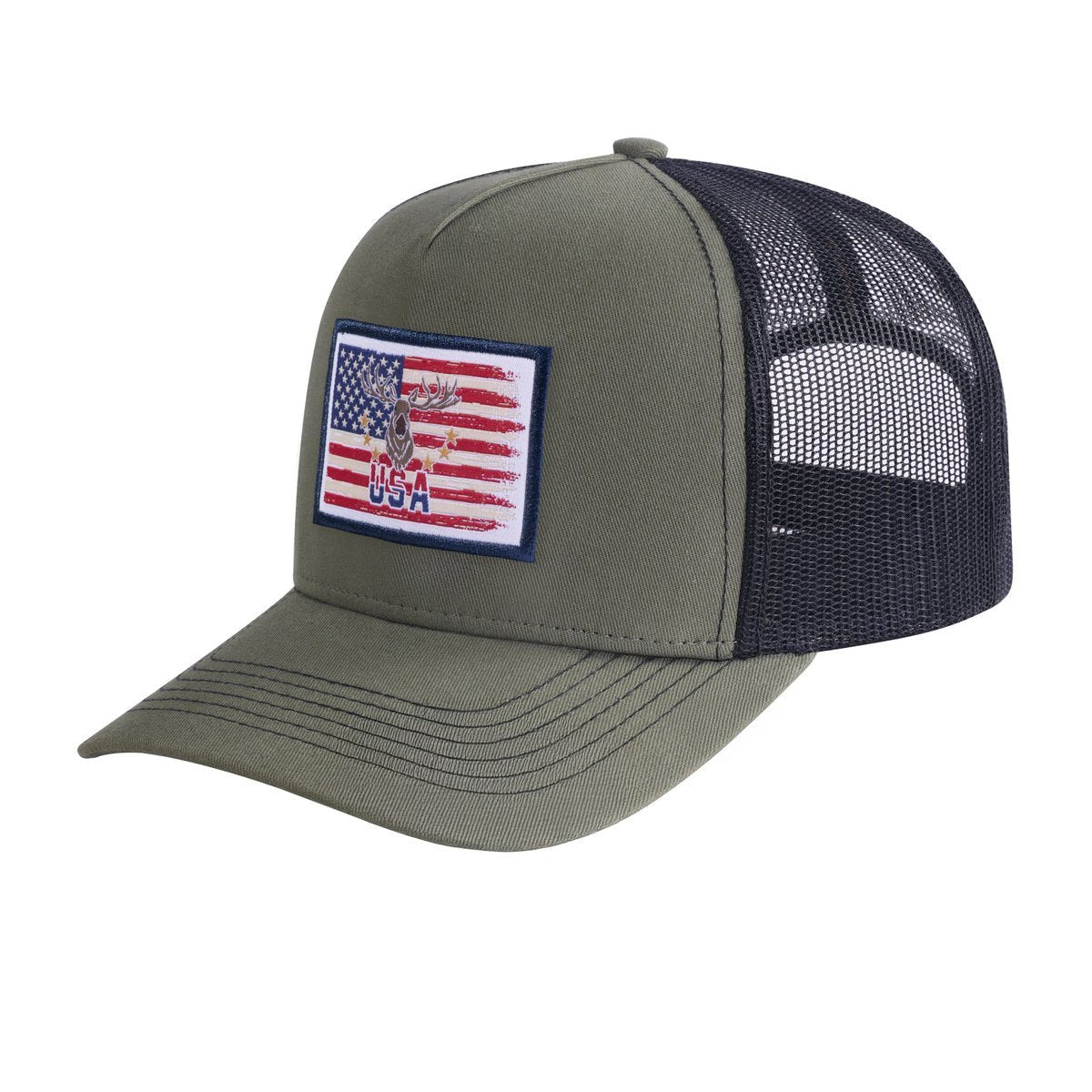 Unisex Embroidered US Deer Hunter, 5-Panel Trucker Hat, Olive Green/Black, Adjustable Fit