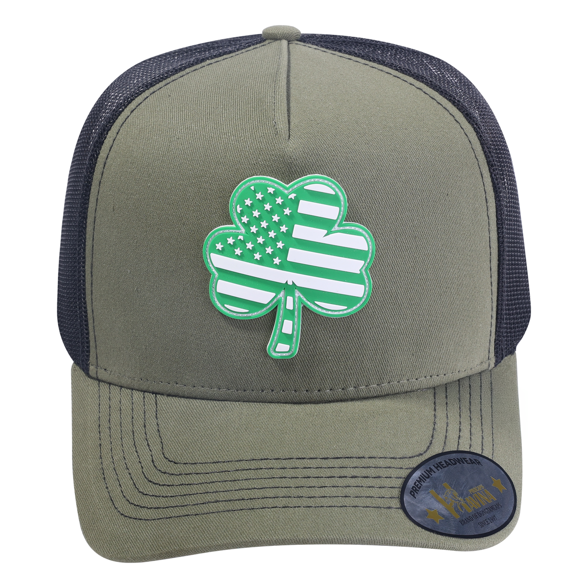 Unisex Embroidered St. Patrick'S Day Four Leaf Shamrock, 5-Panel Trucker Hat, Olive Green, Adjustable Fit