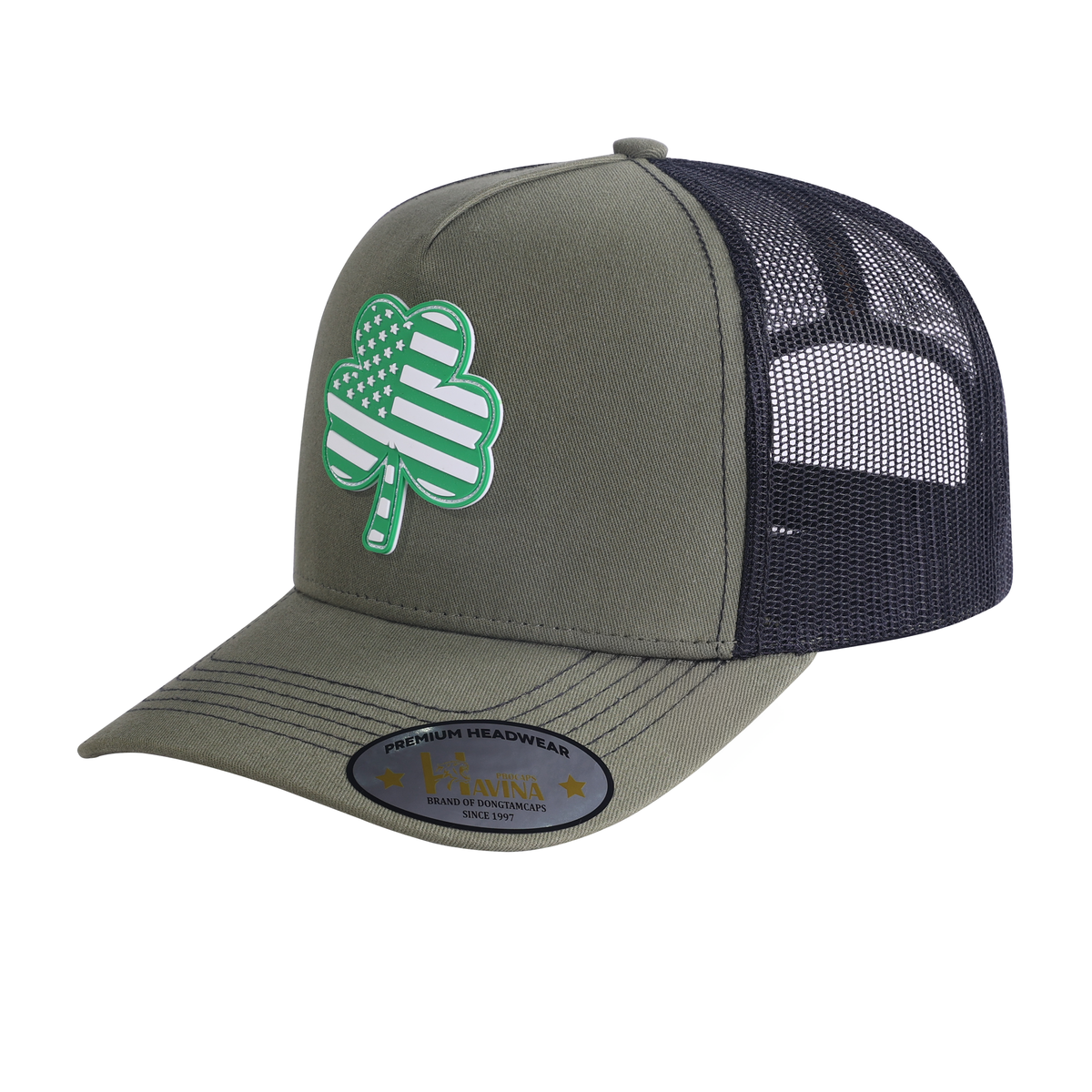 Unisex Embroidered St. Patrick'S Day Four Leaf Shamrock, 5-Panel Trucker Hat, Olive Green, Adjustable Fit