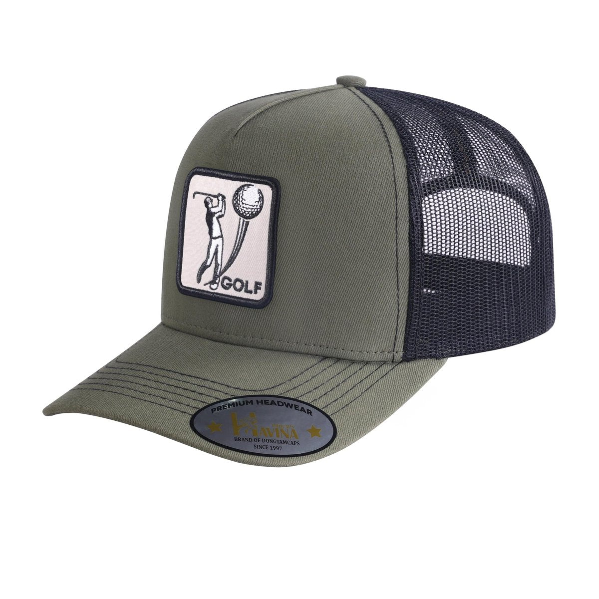 Unisex Embroidered Golf, 5-Panel Trucker Hat, Olive Green/Black, Adjustable Fit