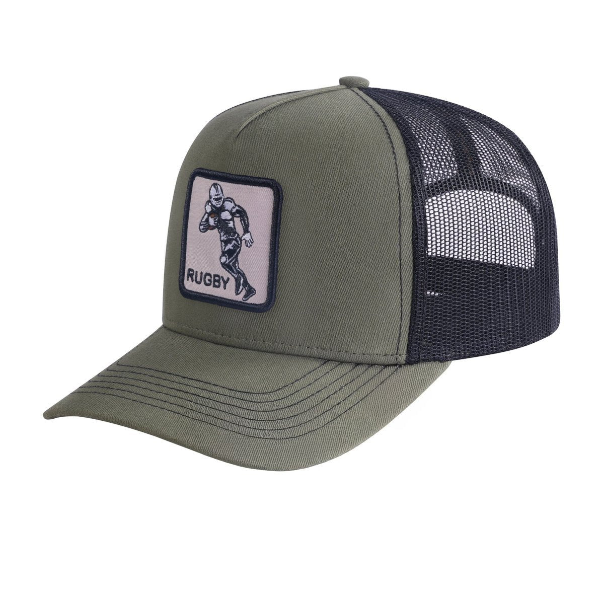 Unisex Embroidered Rugby, 5-Panel Trucker Hat, Olive Green/Black, Adjustable Fit