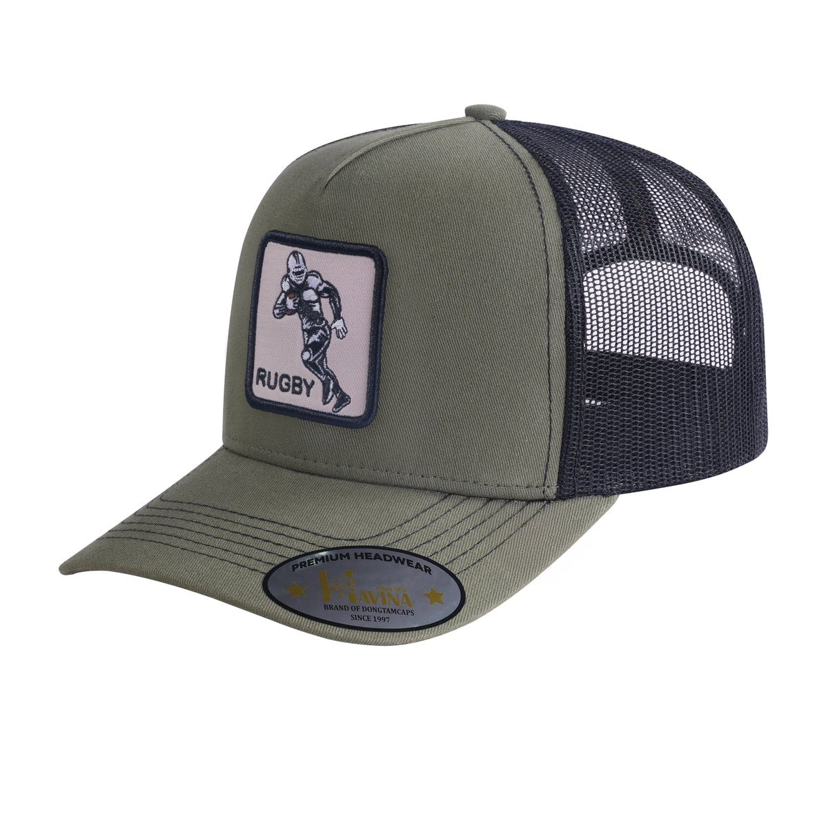 Embroidered Rugby/Football - 5 Panel Trucker Hat - Olive Green/Black