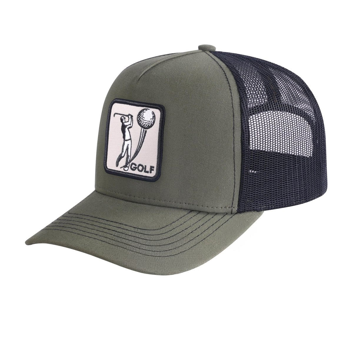 Unisex Embroidered Golf, 5-Panel Trucker Hat, Olive Green/Black, Adjustable Fit