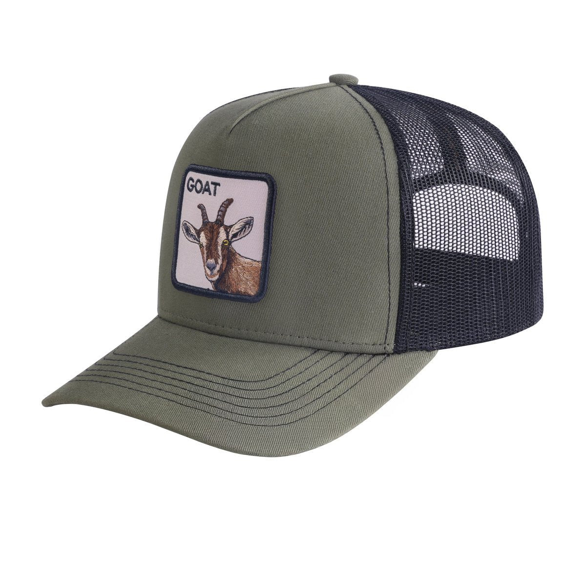 Unisex Embroidered The Goat, 5-Panel Trucker Hat, Olive Green/Black, Adjustable Fit