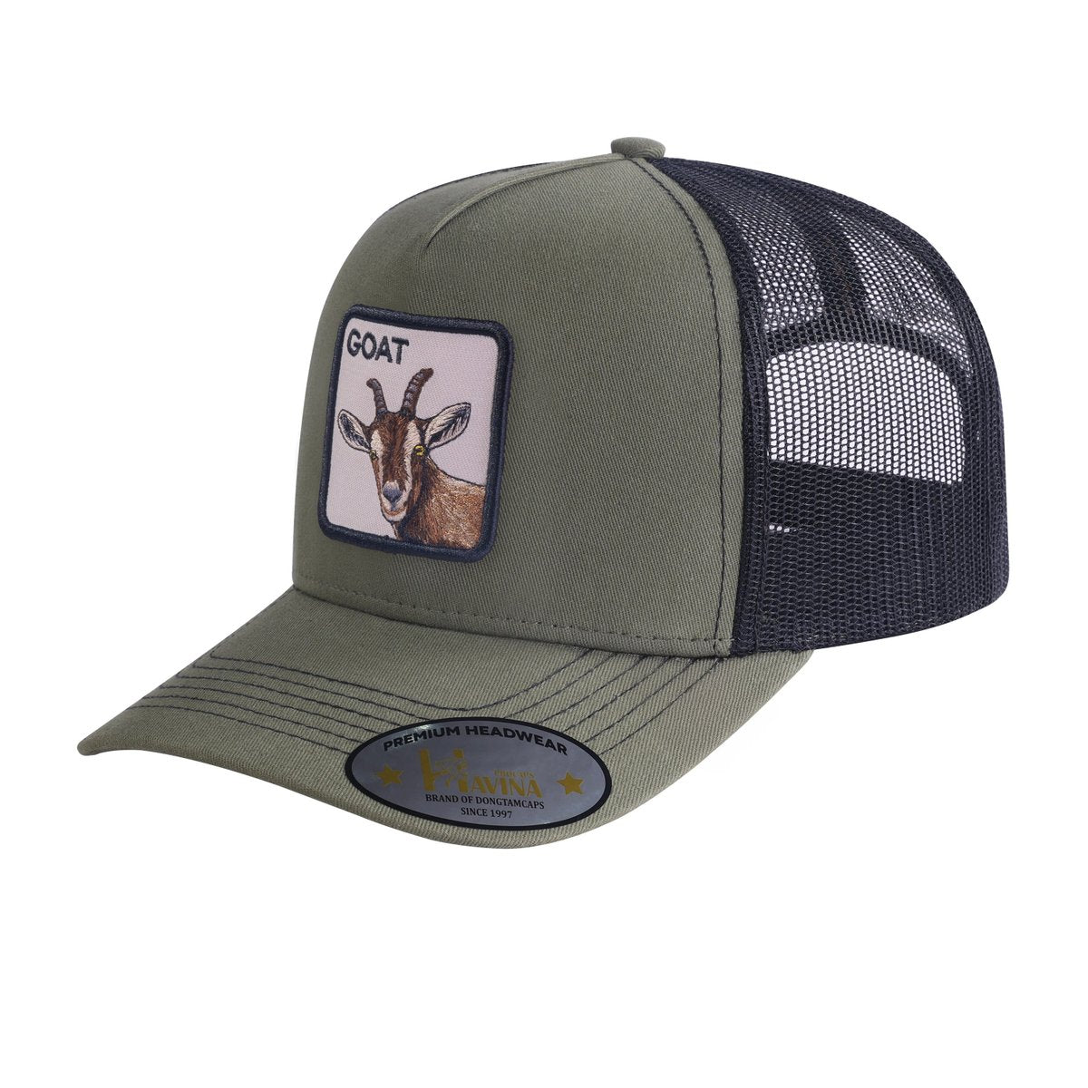 Unisex Embroidered The Goat, 5-Panel Trucker Hat, Olive Green/Black, Adjustable Fit