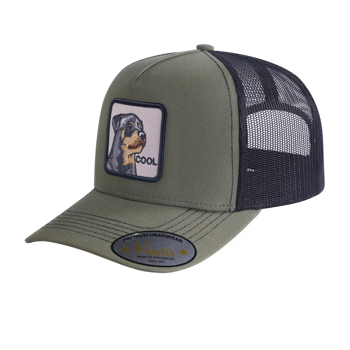 Unisex Embroidered The Cool Dog, 5-Panel Trucker Hat, Olive Green/Black, Adjustable Fit