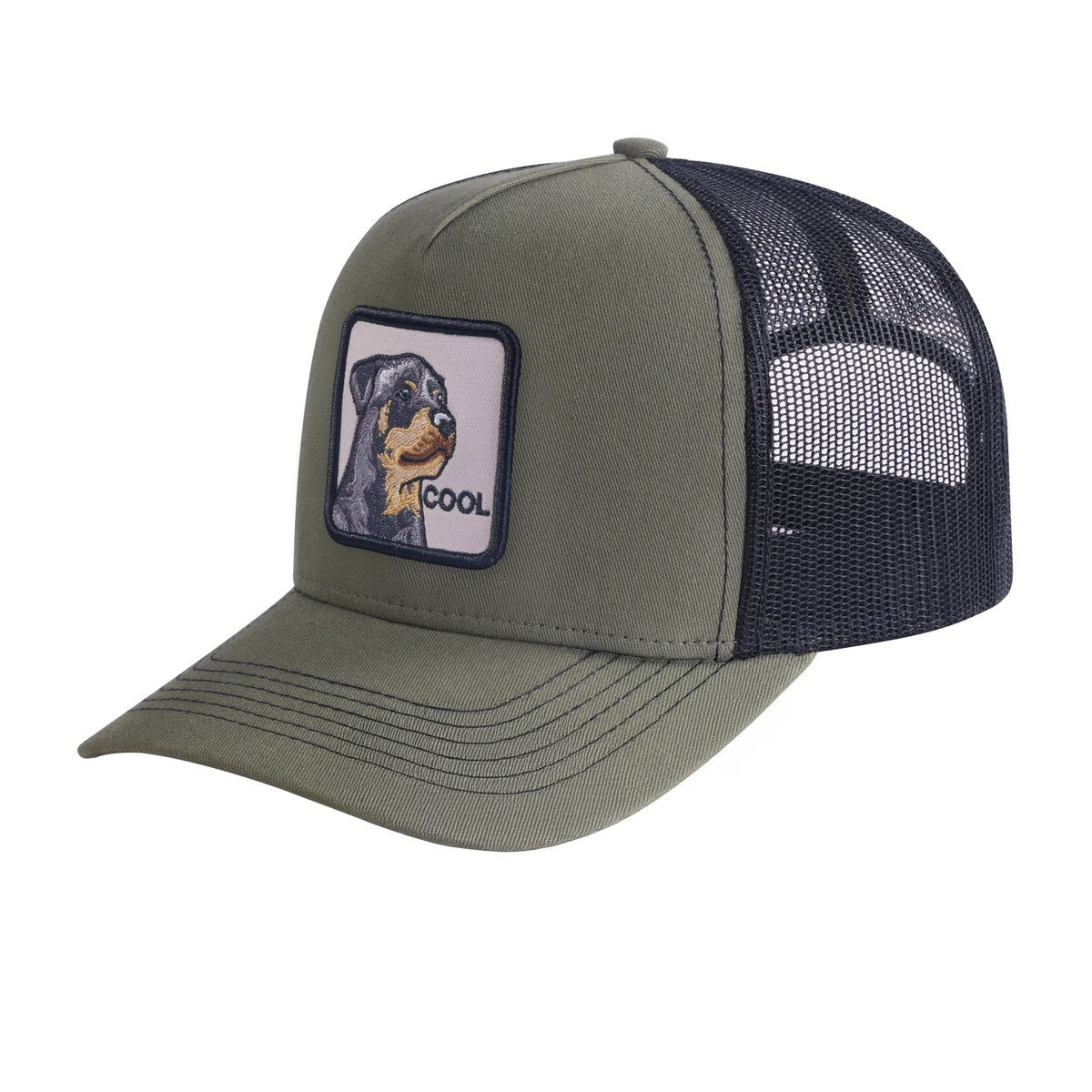 Unisex Embroidered The Cool Dog, 5-Panel Trucker Hat, Olive Green/Black, Adjustable Fit
