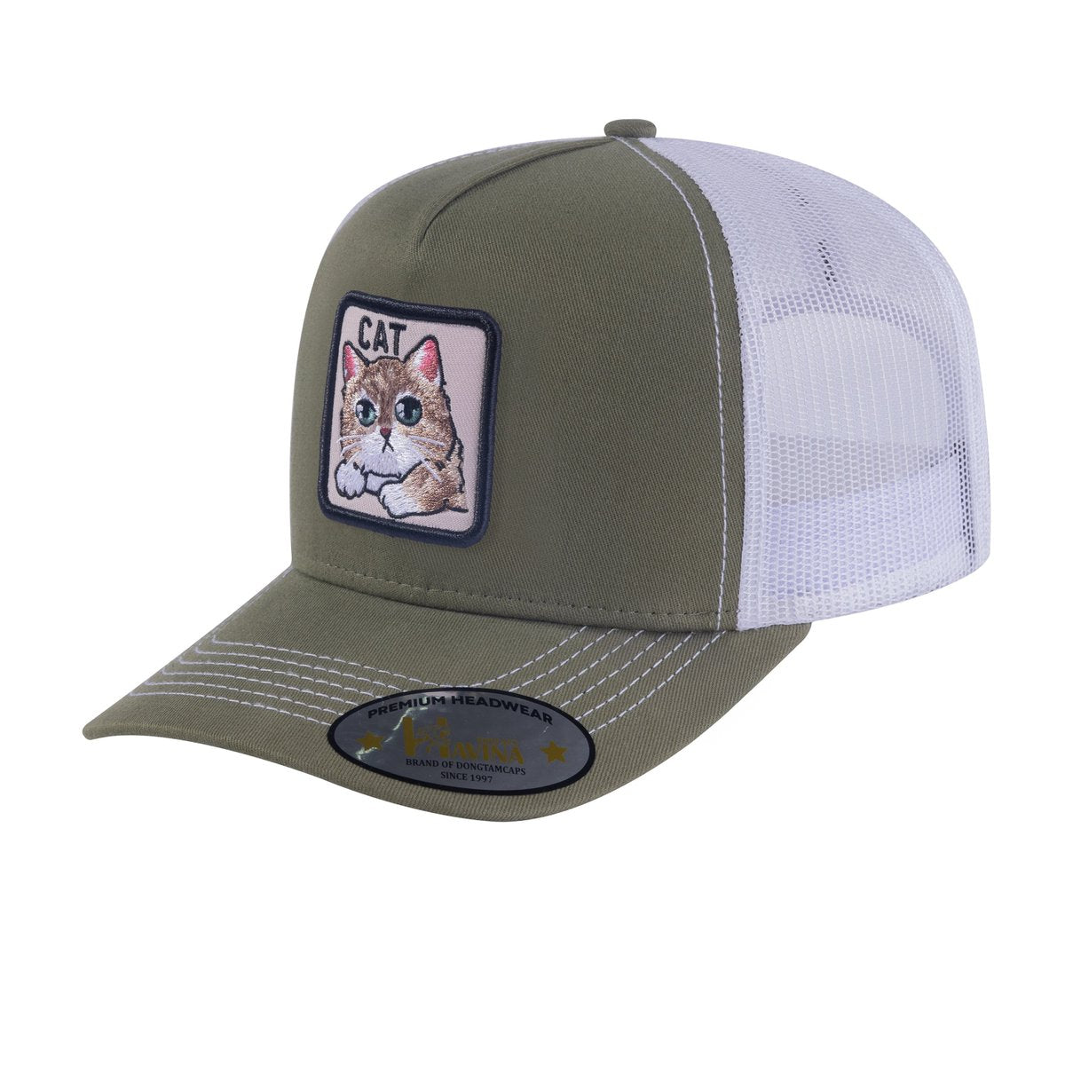 Unisex Embroidered The Cat, 5-Panel Trucker Hat, Olive Green/White, Adjustable Fit